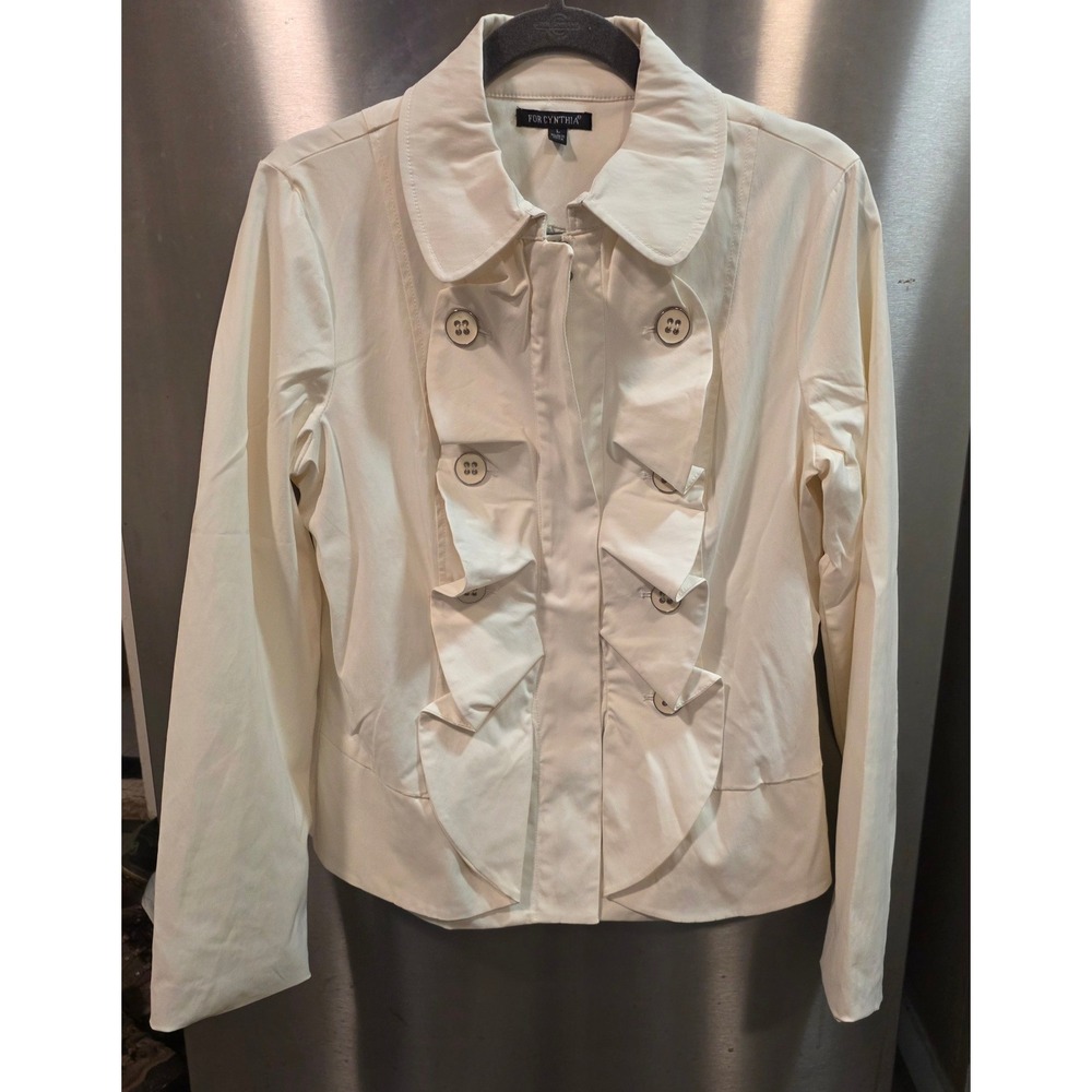 For Cynthia Womens L Ruffle Front Zip Jacket Cream Off White Professional Chic